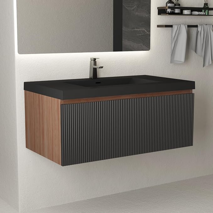 36 Inch Floating Bathroom Vanity with Sink, Wall Mounted Striped Storage Cabinet, Soft Close Drawer, Black Quartz Sand Basin, Fully Assembled, Smoked Walnut Finish