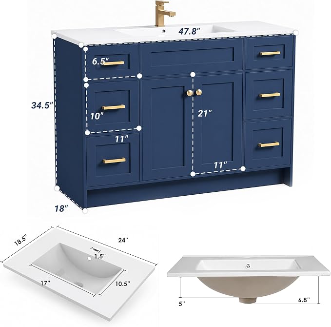 Blue Bathroom Vanity with Sink 48inch | 2 Doors and 6 Drawers | Wood Storage Basin Cabinet with Ceramic Basin for Home and Office