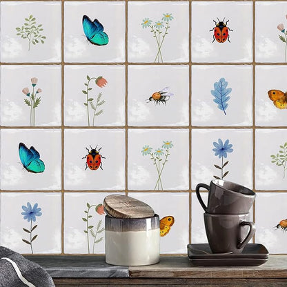 Alwayspon Vinyl Sticker Peel and Stick, Self-Adhesive Wall Tile Transfers Backsplash Sticker Decal for Kitchen Bathroom, 6x6inch/15x15cm 10Pcs, Insects and Plants T037