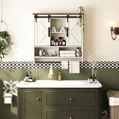 RUSTOWN Farmhouse Bathroom Wall Cabinet,3-Tier Rustic Wood Wall Mounted Cabinets,Vintage Medicine Cabinet with Sliding Barn Door and Adjustable Shelves,Over The Toilet Storage Cabinet (Vintage White)