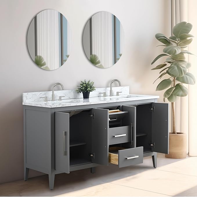 Vanity Art 60 inch Bathroom Vanity with Double Sink & Ceramic Top, Vanity Cabinet with Soft-Closing Doors, Drawers, Solid Wood Frame, Cashmere Gray,VA9060-DG-MB1