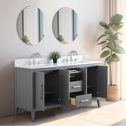 Vanity Art 60 inch Bathroom Vanity with Double Sink & Ceramic Top, Vanity Cabinet with Soft-Closing Doors, Drawers, Solid Wood Frame, Cashmere Gray,VA9060-DG-GB1