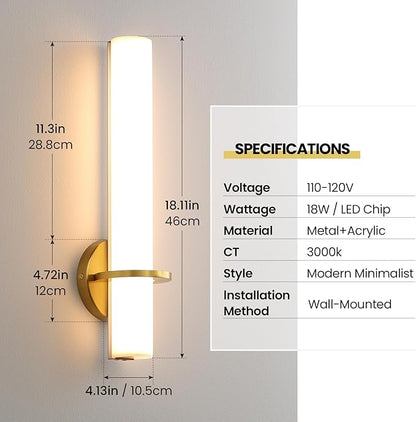 Gold Bathroom Wall Sconces Set of 2: 18 Inch Modern Sconces Wall Lighting 18W LED Dimmable Wall Light with Acrylic Lampshade, Brushed Gold Sconces for Bedroom Living Room Hallway (Hardwired)