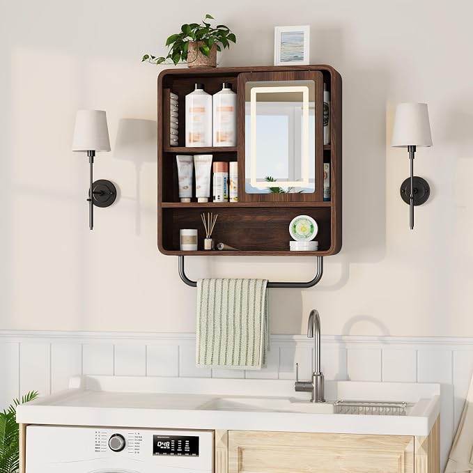 Modern Bathroom Wall Cabinet, Medicine Cabinets with Mirror, Over The Toilet Storage Cabinet for Bathroom, Towel Bar, Sliding Door, 3 Lighting Modes, Adjustable Brightness, Dark Walnut
