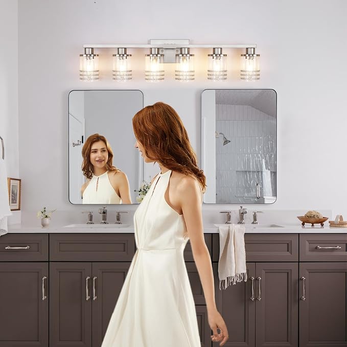 YYT 6-Light Bathroom Vanity Light Brushed Nicekl 6 Light Vanity Lights for Bathroom Light Fixtures Brushed Nicekl with Clear Glass Shade E26 Scoket