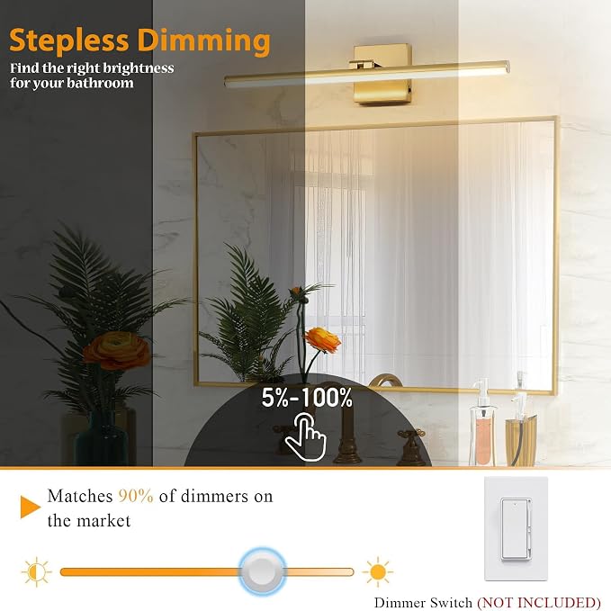 LED Bathroom Vanity Light, Modern Bathroom Light Fixture Over Mirror (3000K/4000K/6000K, Dimmable), Vanity Light Bar with Angle Adjustable, 24 Inch, Brass