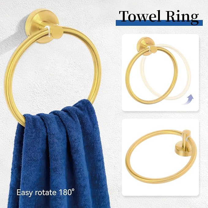 HOMOTEK 4 Pieces Bathroom Accessories Hardware Set, 24 inch Towel Bar, Towel Ring, Robe Hook, Toilet Paper Holder, Stainless Steel Rack Kit Wall Mounted, Gold