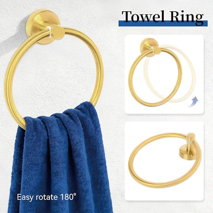 HOMOTEK 4 Pieces Bathroom Accessories Hardware Set, 24 inch Towel Bar, Towel Ring, Robe Hook, Toilet Paper Holder, Stainless Steel Rack Kit Wall Mounted, Gold