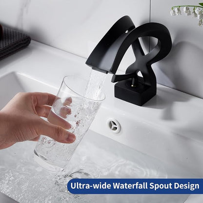 Bathroom Sink Faucet Black Waterfall Single Handle Creative Hollowed Body | One Hole Vanity Basin Deck Mount Lavatory Brass Unique Special Design