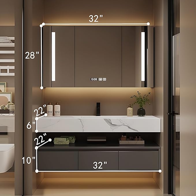 Bathroom Vanity with Sink - Single/Double Sink Bathroom Vanity Cabinet & LED Smart Defogger Mirror Cabinet Set, Modern Floating Vanity, Wall-Mounted Installation (32",Single Sink)