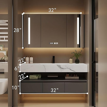 Bathroom Vanity with Sink - Single/Double Sink Bathroom Vanity Cabinet & LED Smart Defogger Mirror Cabinet Set, Modern Floating Vanity, Wall-Mounted Installation (32",Single Sink)