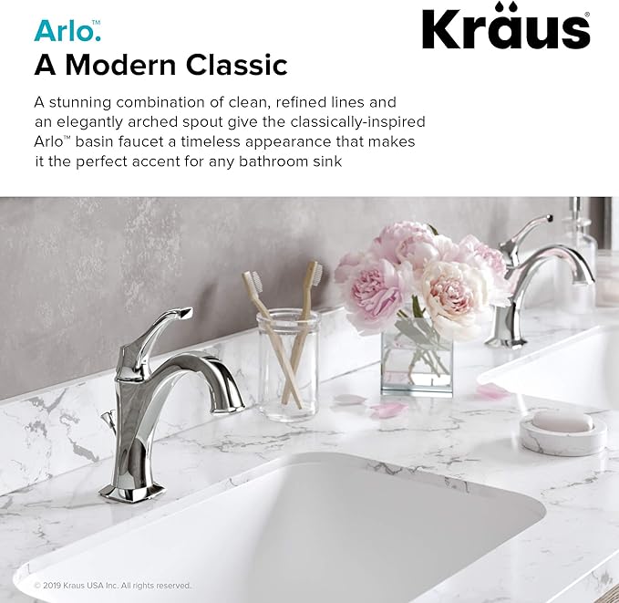 KRAUS KBF-1201BG Arlo Single Handle Basin Bathroom Faucet with Lift Rod Drain and Deck Plate, Brushed Gold
