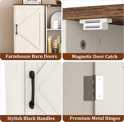 Function Home Farmhouse Kitchen Pantry Cabinet, 64" Tall Slim Bathroom Storage Cabinet, 5 Tier Wooden Floor Cabinets with Barn Doors and Adjustable Shelves for Dining Room Living Room, Antique White
