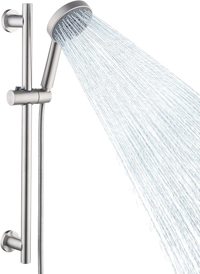 KES Adjustable Shower Head with Slide Bar, 5-Function Handheld Sliding Shower Head with Extra Long Hose Wall Mount Brushed Finish, F204-BS-C1
