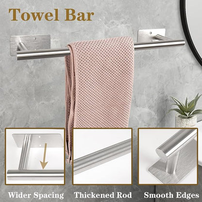 5 PCS Self Adhesive Bathroom Hardware Set,Stainless Steel Towel Rack Set Include 16In Bath Towel Bar+Toilet Paper Holder+3 Towel/Robe Hooks Wall Mounted Bathroom Accessory Kit(Brushed Nickel)