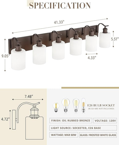 Modern 6-Light Vanity Fixture with Frosted Glass, Wall Mount Over Mirror, Oil Rubbed Bronze,VL01ORBW-6