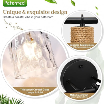 Bathroom Light Fixtures, 5-Light Coastal Vanity Lights with Crystal Glass Shade, Black Bathroom Wall Lamp for Mirror Kitchen Hallway Cabinet