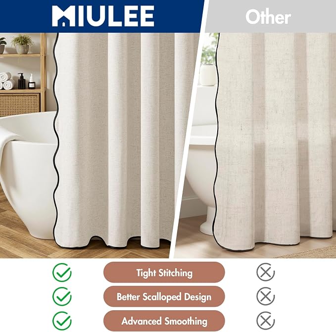 MIULEE 84" Long Natural Scalloped Linen Shower Curtain 72W x 84L | 12 metal hooks, Linen scalloped, waterproof washable, thick heavy cloth, black border, boho farmhouse, bathroom hotel use