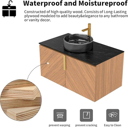 LKTART 36 Inch Bathroom Vanity with Sink, Modern Wall Mounted Bathroom Sink with 2 Doors, Black Sintered Stone Countertop and Black Round Glass Basin, Brown