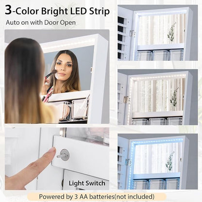 CHARMAID Standing Jewelry Armoire with Full Length Mirror, Lockable Jewelry Cabinet Organizer with Lights, 3 Lighting Modes, Foldable Makeup Tray, Storage Drawers & Shelves (White)