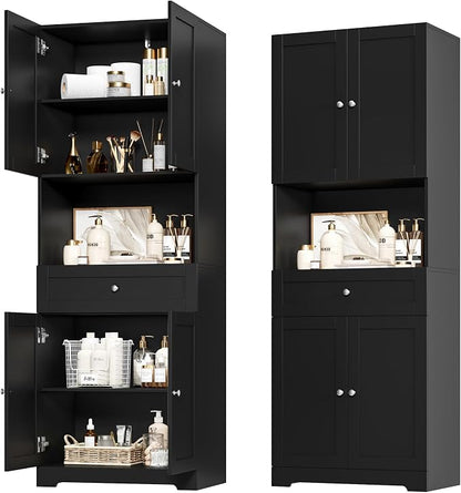 HIFIT Tall Bathroom Storage Cabinet with Drawer, Modern Linen Cabinet,Black | 67"H Tall Storage Cabinet with Doors & Shelves, Freestanding Kitchen Pantry for Bathroom, Dining Room, Laundry, Narrow Corner