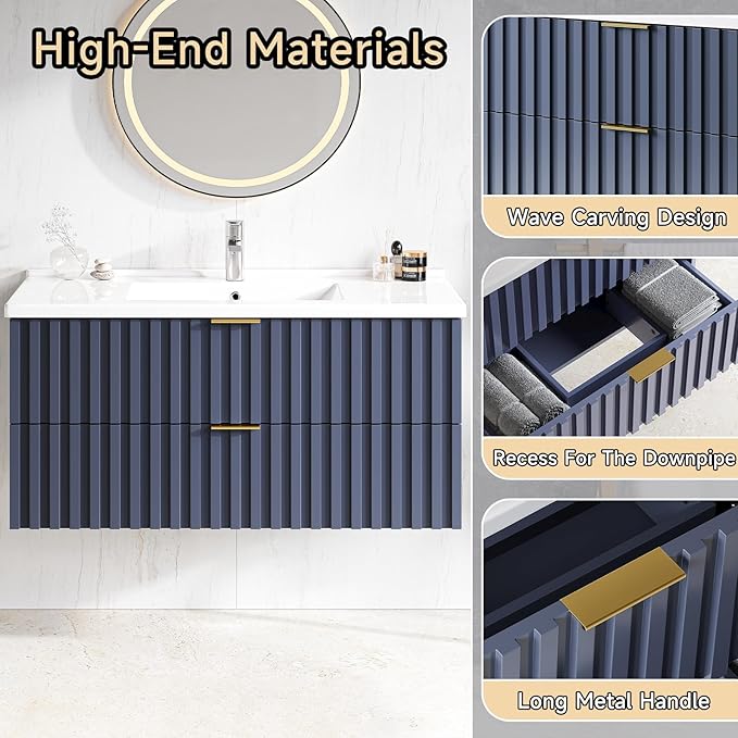 ONBRILL 36 Inch Bathroom Vanity with Sink Combo, Floating Bathroom Vanity with 2 Fluted Drawers & Metal Handle, Modern Wall Mount Storage Cabinet with Ceramic Integrated Sink for Small Space (Blue)