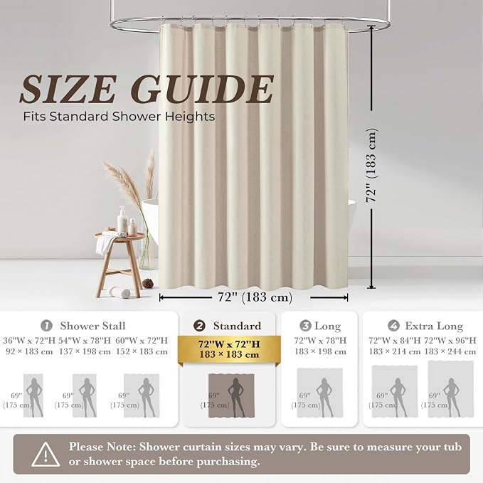 Seasonwood Beige Linen Shower Curtain Farmhouse Bathroom Decor 72x72 Inches | Boho Bathroom Decor,12 Sturdy Stainless Steel Sliding Hangers,Rustic Country Style,Linen Shower Curtains for Bathroom