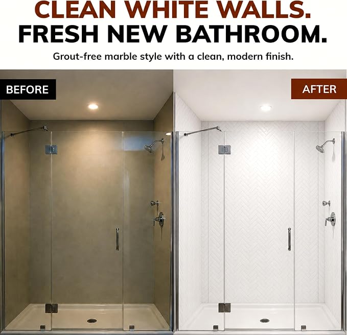 From Plain To Beautiful In Hours 133-HERR-KIT Herringbone Tile Tub and Shower Wall Panels Surround, Gloss White, 96 Square Feet