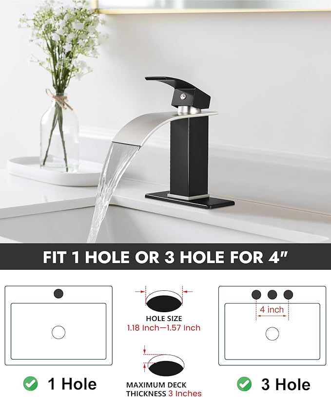 Midanya Bathroom Faucet with Waterfall Spout, Single Hole or 3-Hole Deck Mount, 304 Stainless Steel Sink Faucet with Pop-Up Drain, RV Vanity Compatible,Brushed Nickel Spout/Matte Black