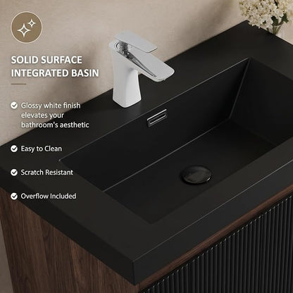 Floating Bathroom Vanity, 72" Wall Mounted Bathroom Cabinet with 2 Matte Black Quartz Sand Sinks & U-Shaped Soft-Close Drawers, Pre-Assembled Striped Storage Vanity for Bathroom, Walnut&Black