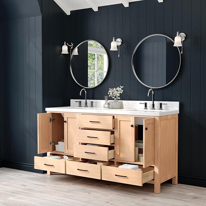 ARIEL Cambridge 66-inch Bathroom Vanity with Sink,Solid Wood, 1.5-inch Pure White Quartz Countertop, Double Rectangular Porcelain Sink, 4 Soft Closing Doors, 6 Dovetail Drawers, White Oak