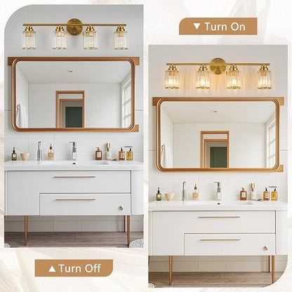 4-Light Gold Bathroom Light Fixtures, 29.1" Bathroom Vanity Light with Clear Crystal Shades, E26 Base Modern Wall Lighting Sconces, Vanity Lights for Bathroom Powder Room