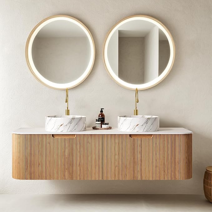 60 inch Bathroom Vanity with Double Sink, Floating Bathroom Vanities with Ultra-Thin Marble Basin and Countertop, 2 Large Soft-Closing Storage Drawers, Pre-Assembled Cabinet, Nature Wood