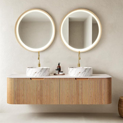 60 inch Bathroom Vanity with Double Sink, Floating Bathroom Vanities with Ultra-Thin Marble Basin and Countertop, 2 Large Soft-Closing Storage Drawers, Pre-Assembled Cabinet, Nature Wood