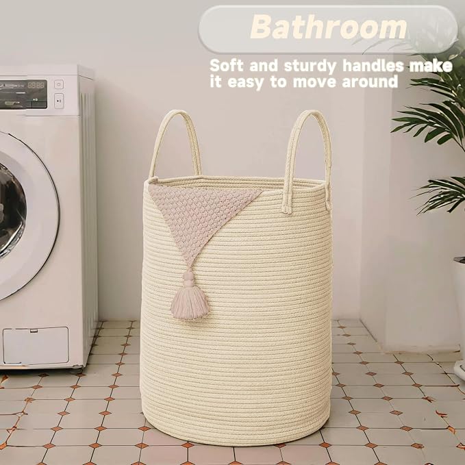 JMvicyroam 100L Cotton Rope Laundry Basket Hamper, Beige | Collapsible laundry basket, reinforced handles, freestanding, machine washable, holds 3-5 thick blankets, clothes or toys