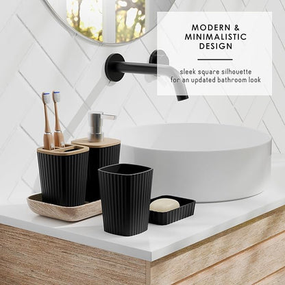 Clara Clark Bathroom Set - Black Bathroom Accessories Set, 6PC Bathroom Accessory Set, Bathroom Sets with Adhesive Corner Shower Caddy Hanging, Toilet Brush, Trash Can & Soap Dispenser