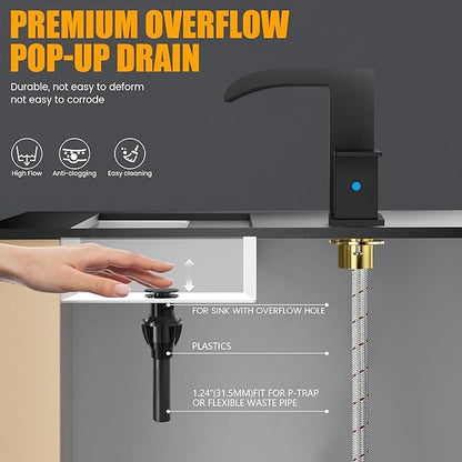 Black Bathroom Sink Faucet 3 Hole - Waterfall Bathroom Faucet 8 Inch Widespread Matte Black Faucet Bathroom 2-Handles Modern Vanity Faucets with Overflow Pop Up Drain & Supply Lines