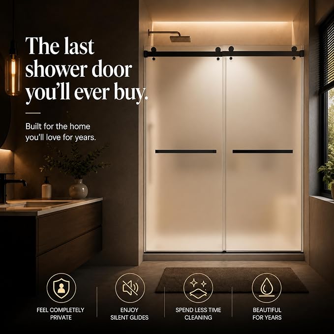 Frosted Sliding Shower Door, 56-60" W x 76" H-1/4” (6mm), Frosted Glass Shower Door with 4" Left Adjustable Width, 304 Stainless Steel Hardware, Quiet Rollers, Bottom Water Seal, Matte Black