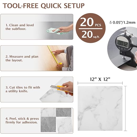 Peel and Stick Floor Tile, 20 PCS 12" x 12" Checkered Waterproof Marble Texture Luxury Vinyl Tiles, Easy DIY Self Adhesive Vinyl Flooring for Bathroom, Kitchen, Living Room, Gray/White