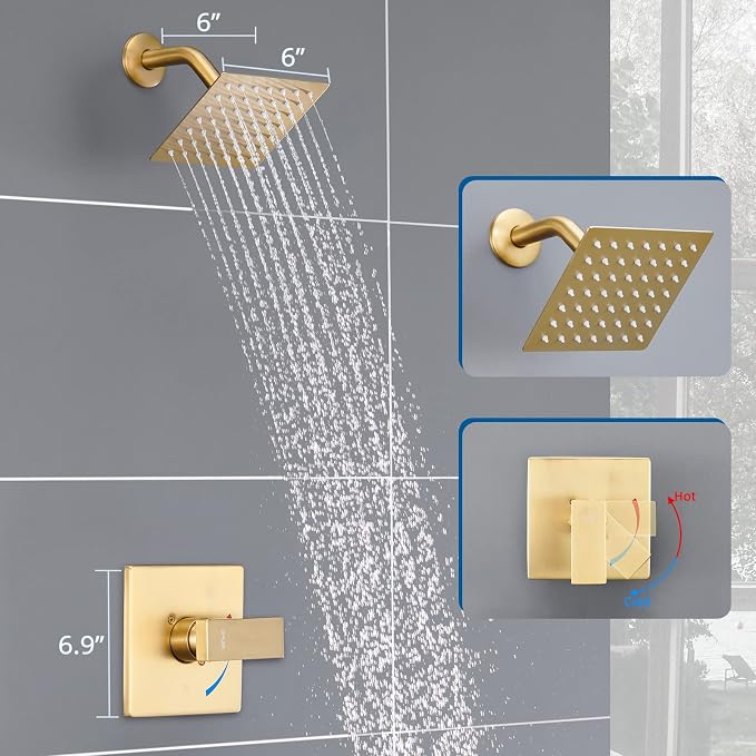 Esnbia Shower Kit, Shower Faucet Set（Valve Included) with 6-Inch Rain Shower Head, Single-Handle Shower Trim Kit, Brushed Gold | Complete tub and shower trim kit with 6-inch rainfall head, single-handle control, tub spout, and valve. Brushed Gold finish.