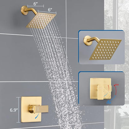 Esnbia Shower Kit, Shower Faucet Set（Valve Included) with 6-Inch Rain Shower Head, Single-Handle Shower Trim Kit, Brushed Gold | Complete tub and shower trim kit with 6-inch rainfall head, single-handle control, tub spout, and valve. Brushed Gold finish.