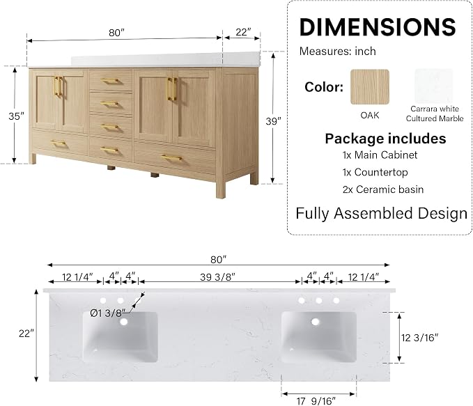 80-Inch Bathroom Vanity with Sink, 4 Soft-Close Doors and 6 Soft-Close Drawers, Bathroom Freestanding Vanity with Cultured Marble Countertop, Oak Vanity W/Gold Handles