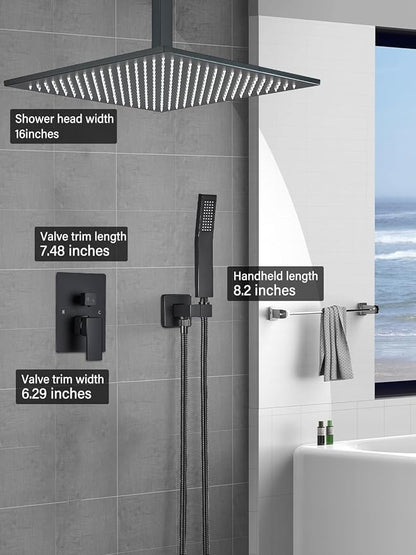 Matte Black Shower Faucets Sets Complete with 16" High Pressure LED Rainfall Shower Head and Handheld Spray Ceiling Mount Shower System Rough-in Valve Body and Trim Included