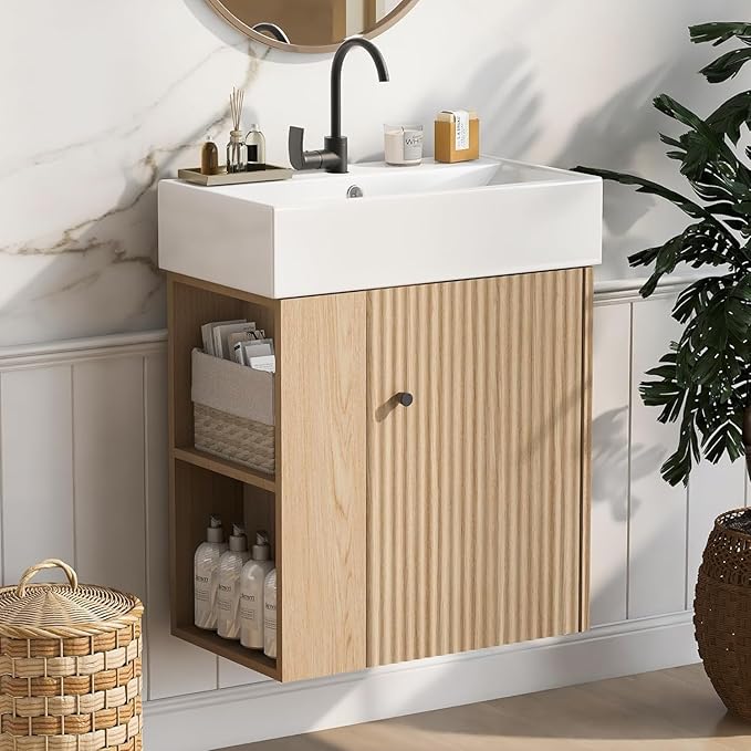 21.6 in Floating Bathroom Vanity with Sink,Soft Closing Doors,Solid Wood Frame & MDF Modern Single Small Natural Wood Bathroom Vanity Cabinet with Open Shelf,Wall Mounted