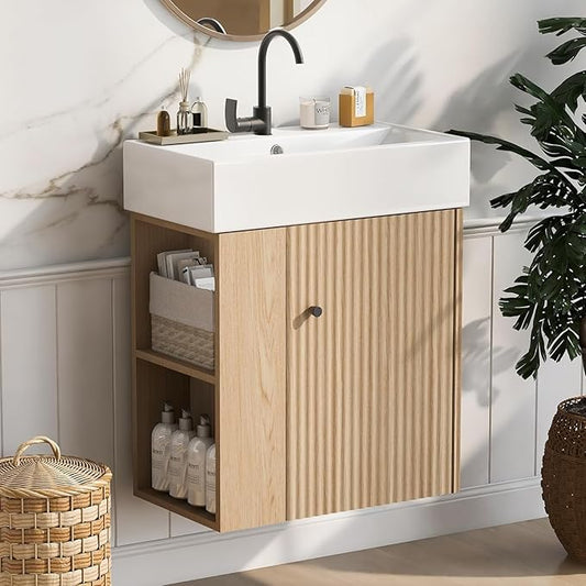 21.6 in Floating Bathroom Vanity with Sink,Soft Closing Doors,Solid Wood Frame & MDF Modern Single Small Natural Wood Bathroom Vanity Cabinet with Open Shelf,Wall Mounted