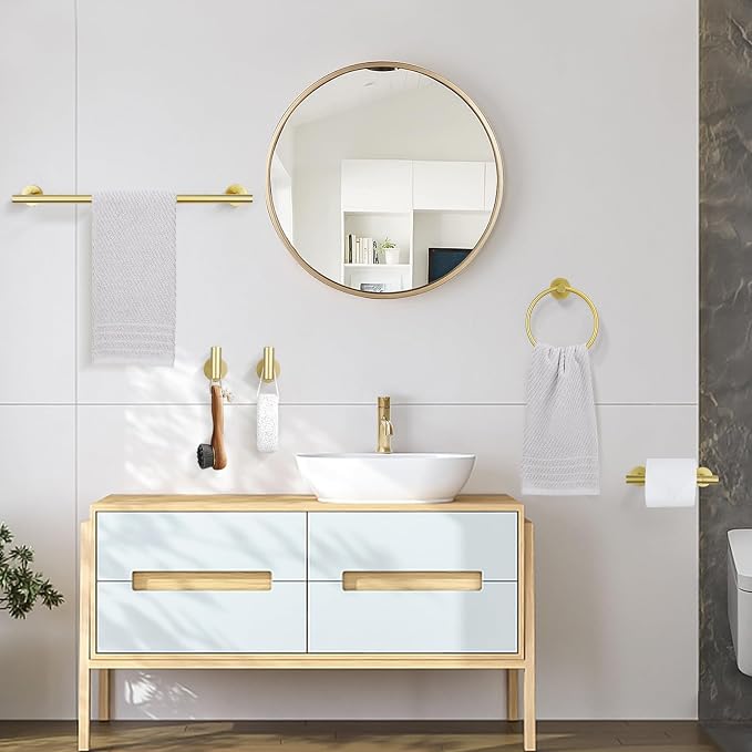 TURS Brushed Gold 4-Pieces Towel Ring Set Include Towel Ring Double Base Toilet Paper Holder Towel Hook SUS304 Stainless Steel Bathroom Accessories Kit Wall Mounted