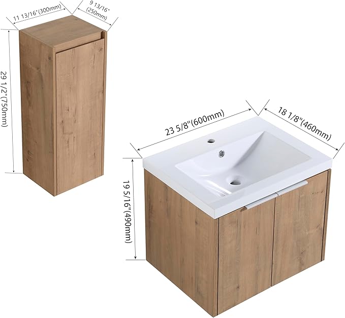 Henf 60" Floating Double Sink Bathroom Vanity Brown Wall Mount Bathroom Vanity Cabinet with Sink Combo, 60-Inch Bathroom Vanities Set with Open Storage Shelf & Side Cabinet & 2 24in Bathroom Vanities