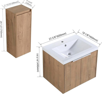 Henf 60" Floating Double Sink Bathroom Vanity Brown Wall Mount Bathroom Vanity Cabinet with Sink Combo, 60-Inch Bathroom Vanities Set with Open Storage Shelf & Side Cabinet & 2 24in Bathroom Vanities