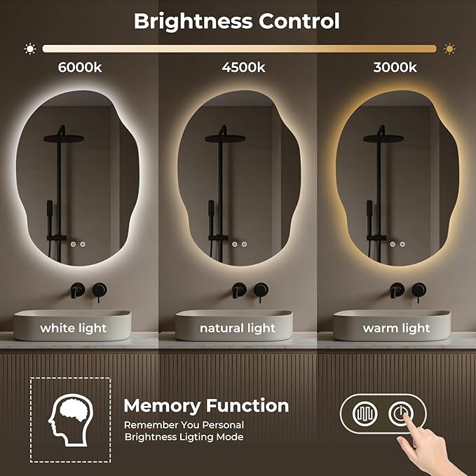 Asymmetrical Bathroom Mirror with Lights, Irregular LED Backlit Vanity Mirror, 31" H x 22" W, Anti-Fog, Dimmable Lighting with 3 Color Temp, Memory, Hardwired, Vertical or Horizontal Mount