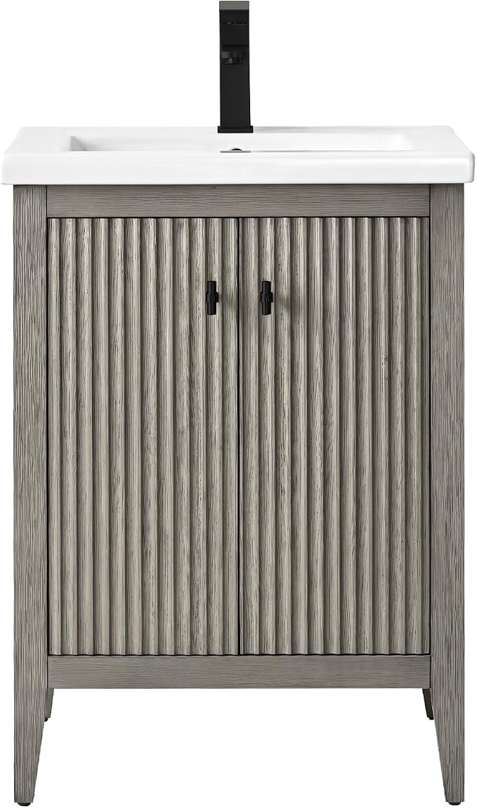 Vanity Art 24 inch Bathroom Vanity with Single Sink & Ceramic Top, Vanity Cabinet with Soft-Closing Door, Solid Wood Frame, Linear Pattern, Driftwood Gray, VA9124-DG-MB,Matte Black Handles
